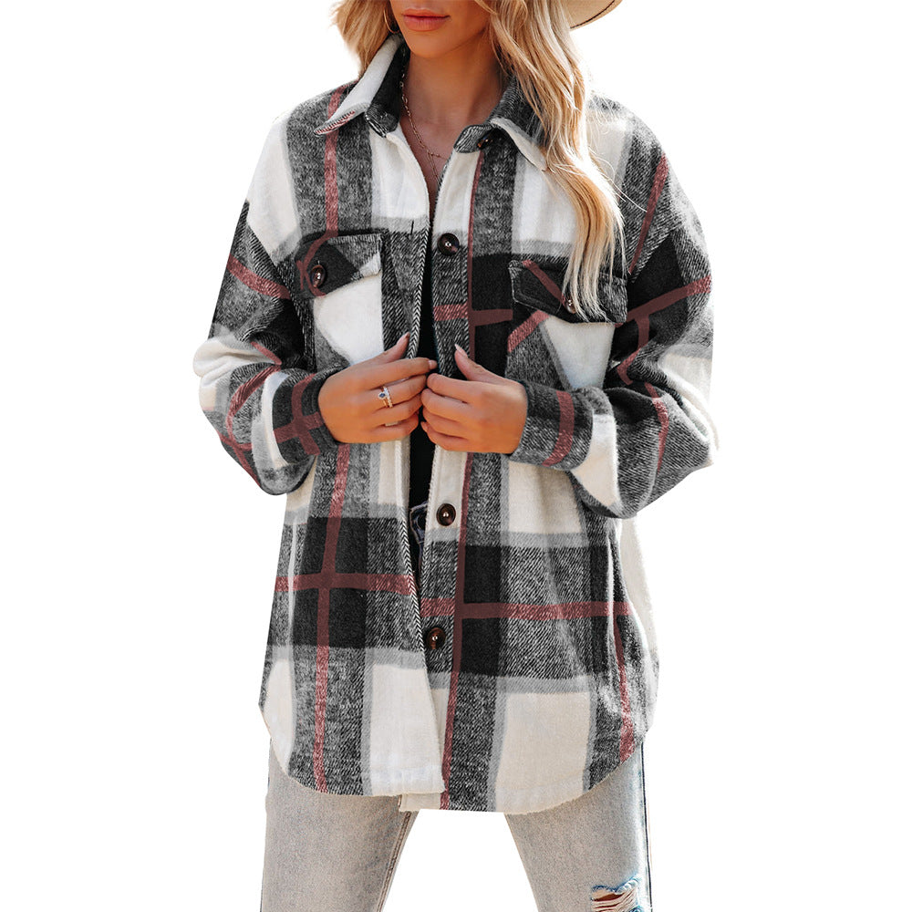 Women's plaid coat casual loose pocket shirt