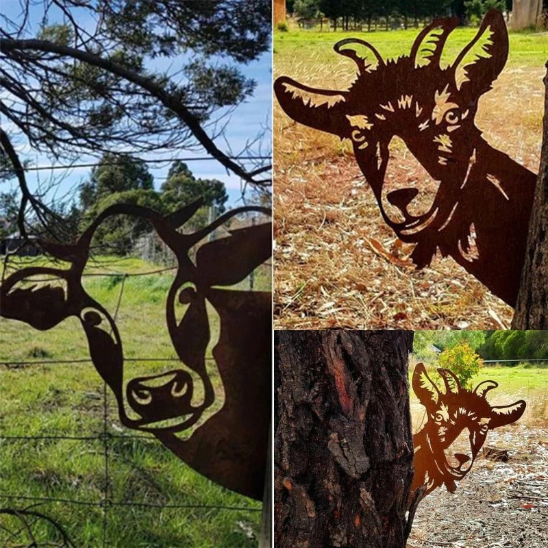 Metal Cow Yard Art Peeping Metal Garden Animal Sign