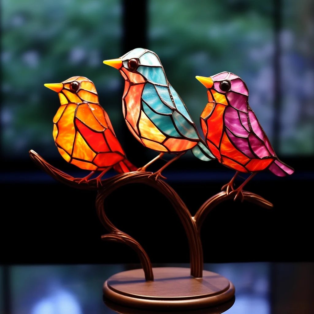 Stained Glass Birds on Branch Desktop Ornaments