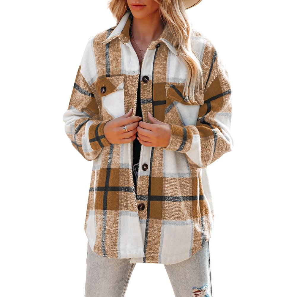 Women's plaid coat casual loose pocket shirt