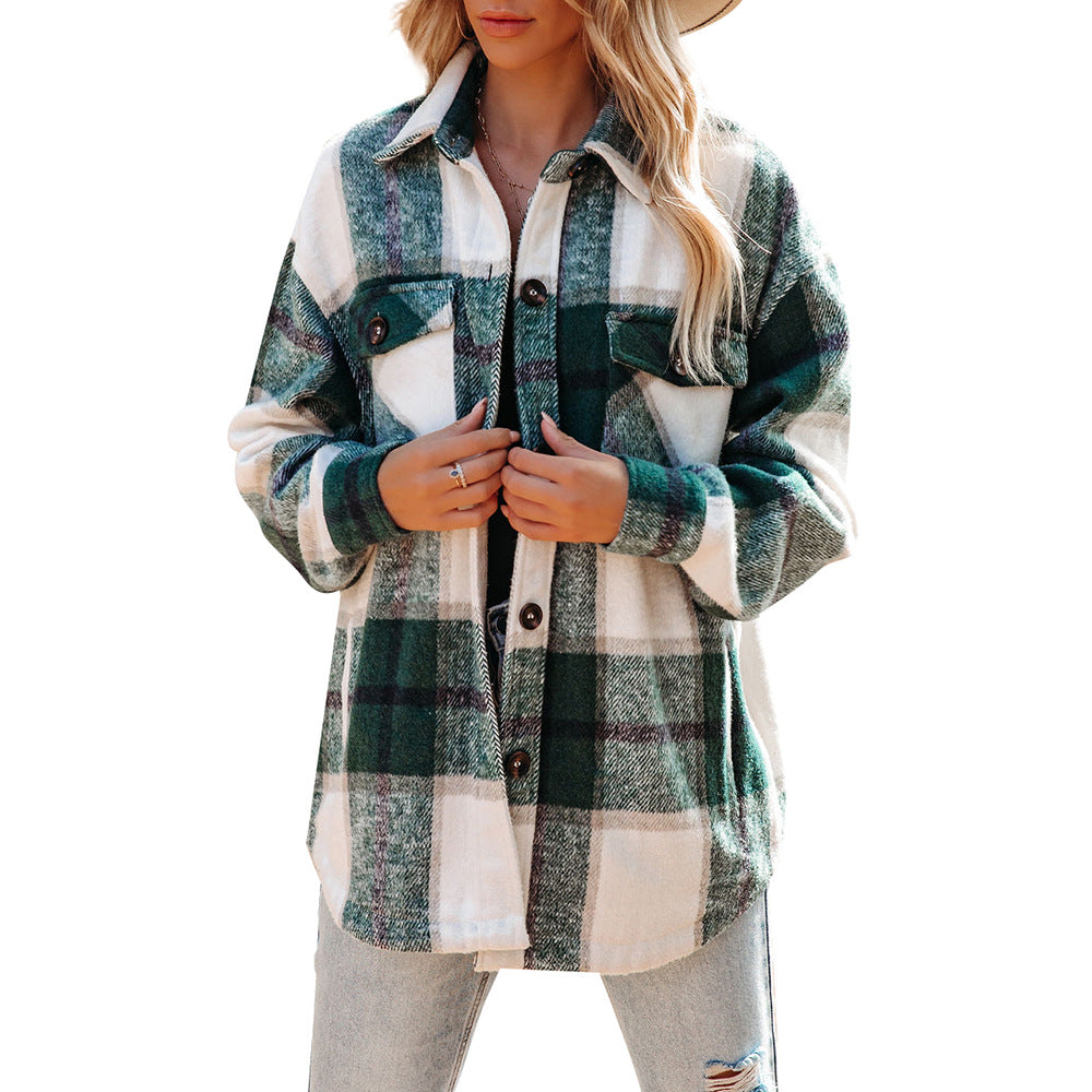 Women's plaid coat casual loose pocket shirt