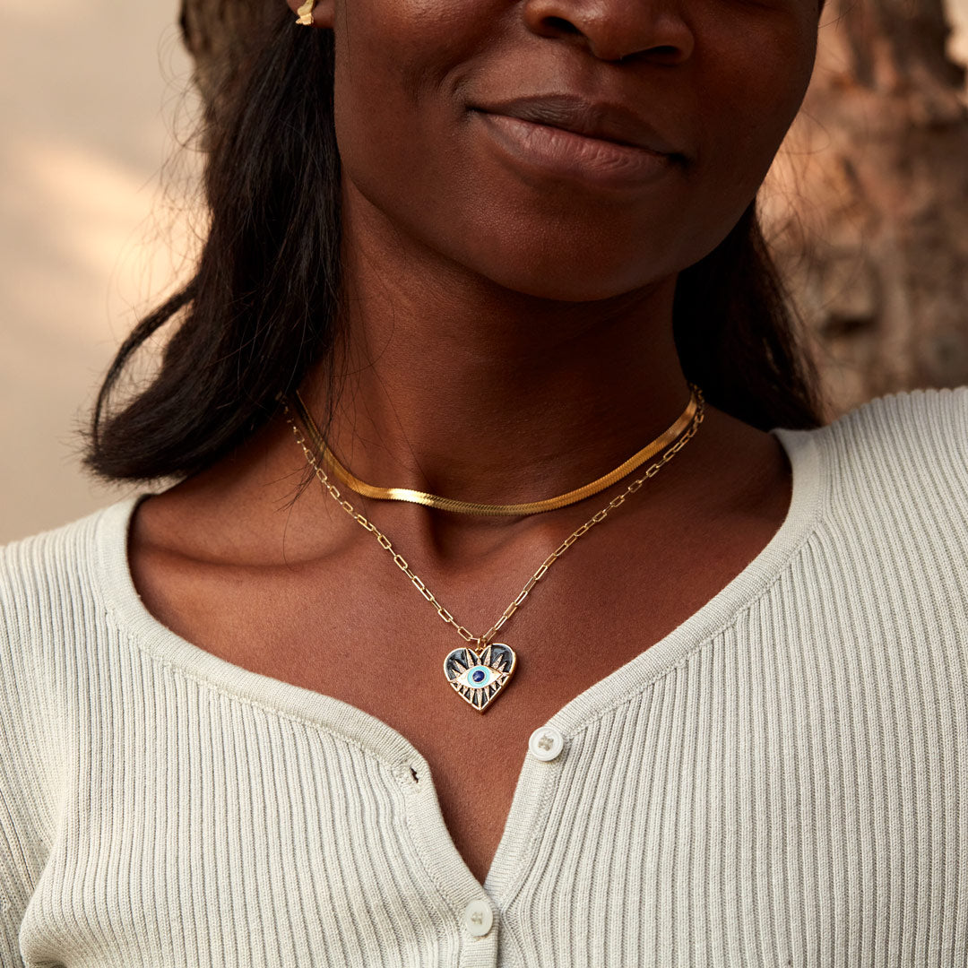 Enamel Heart Evil Eye Layered Necklace Set