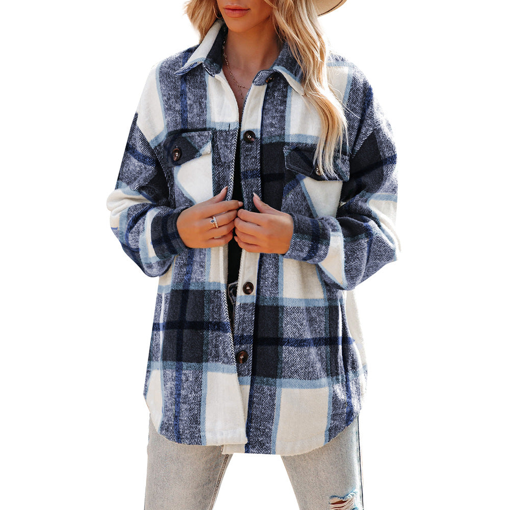 Women's plaid coat casual loose pocket shirt