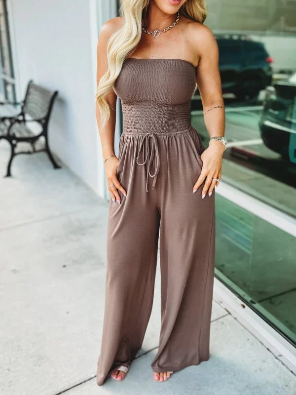 🔥2023 Hot Sale 🔥Off Shoulder Solid Color Smocked Jumpsuit