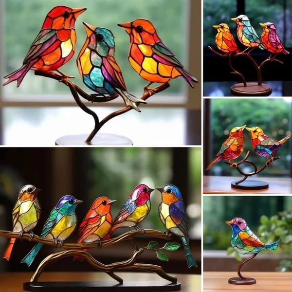 Stained Glass Birds on Branch Desktop Ornaments