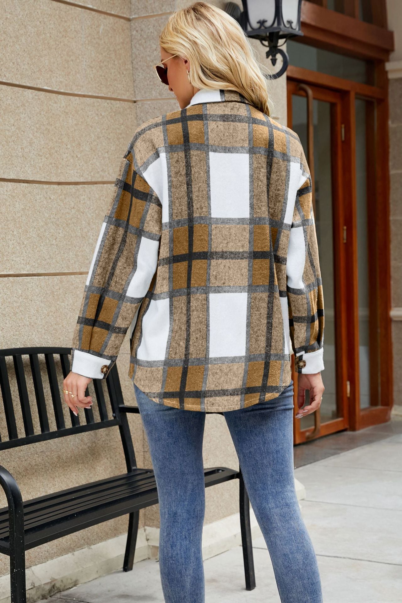 Women's plaid coat casual loose pocket shirt