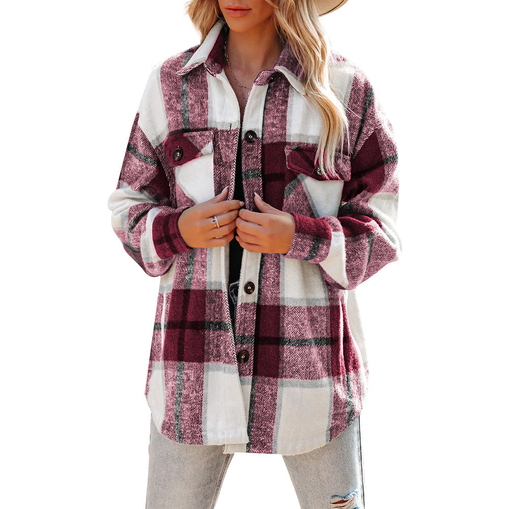 Women's plaid coat casual loose pocket shirt