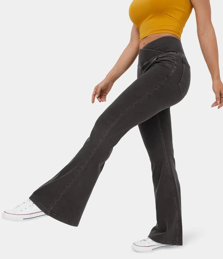 Stretchy Knit Denim Casual Super Flare Pants