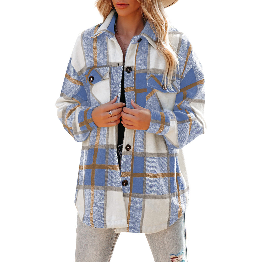 Women's plaid coat casual loose pocket shirt