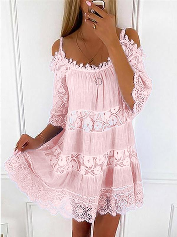 Sexy Spaghetti Strap Half Sleeve Off Shoulder Lace Panel  Dress