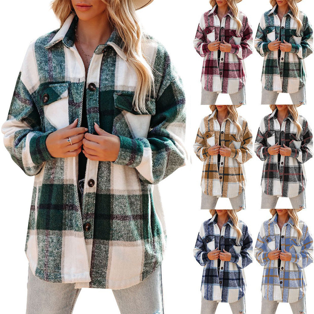 Women's plaid coat casual loose pocket shirt