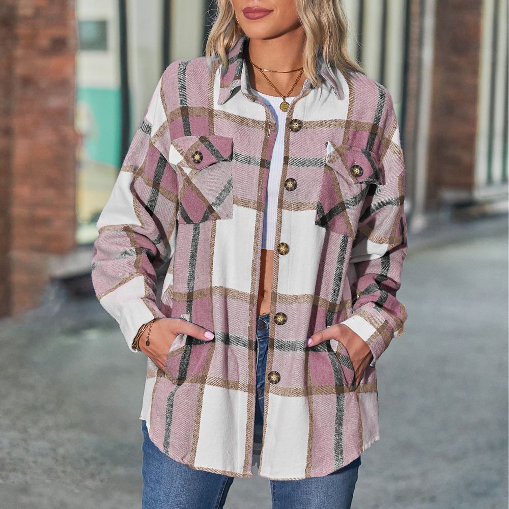 Women's plaid coat casual loose pocket shirt