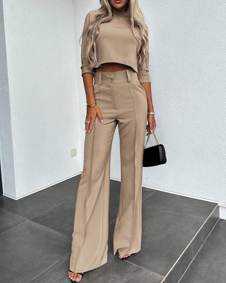 Solid Color Jacket & High Waist Straight Pants Set