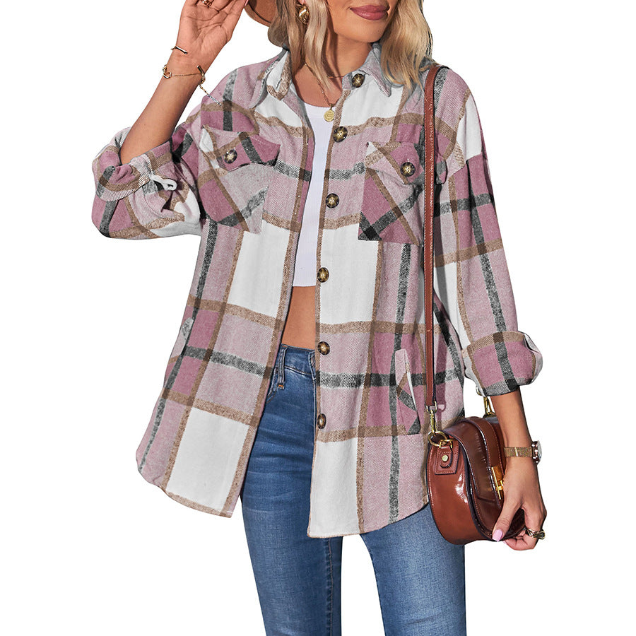 Women's plaid coat casual loose pocket shirt